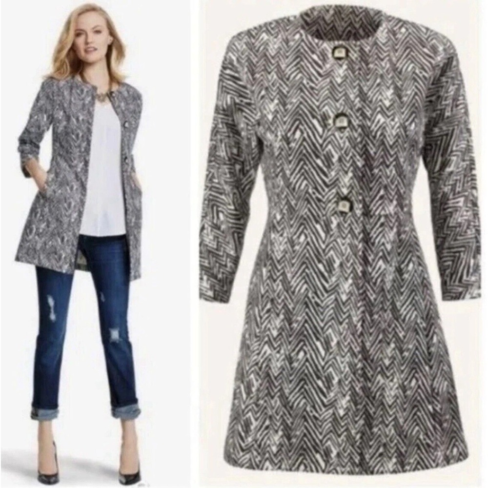 Cabi Topper Jacket‎ Women Small Black Chevron Zig Zag Button Up Longline Coat
